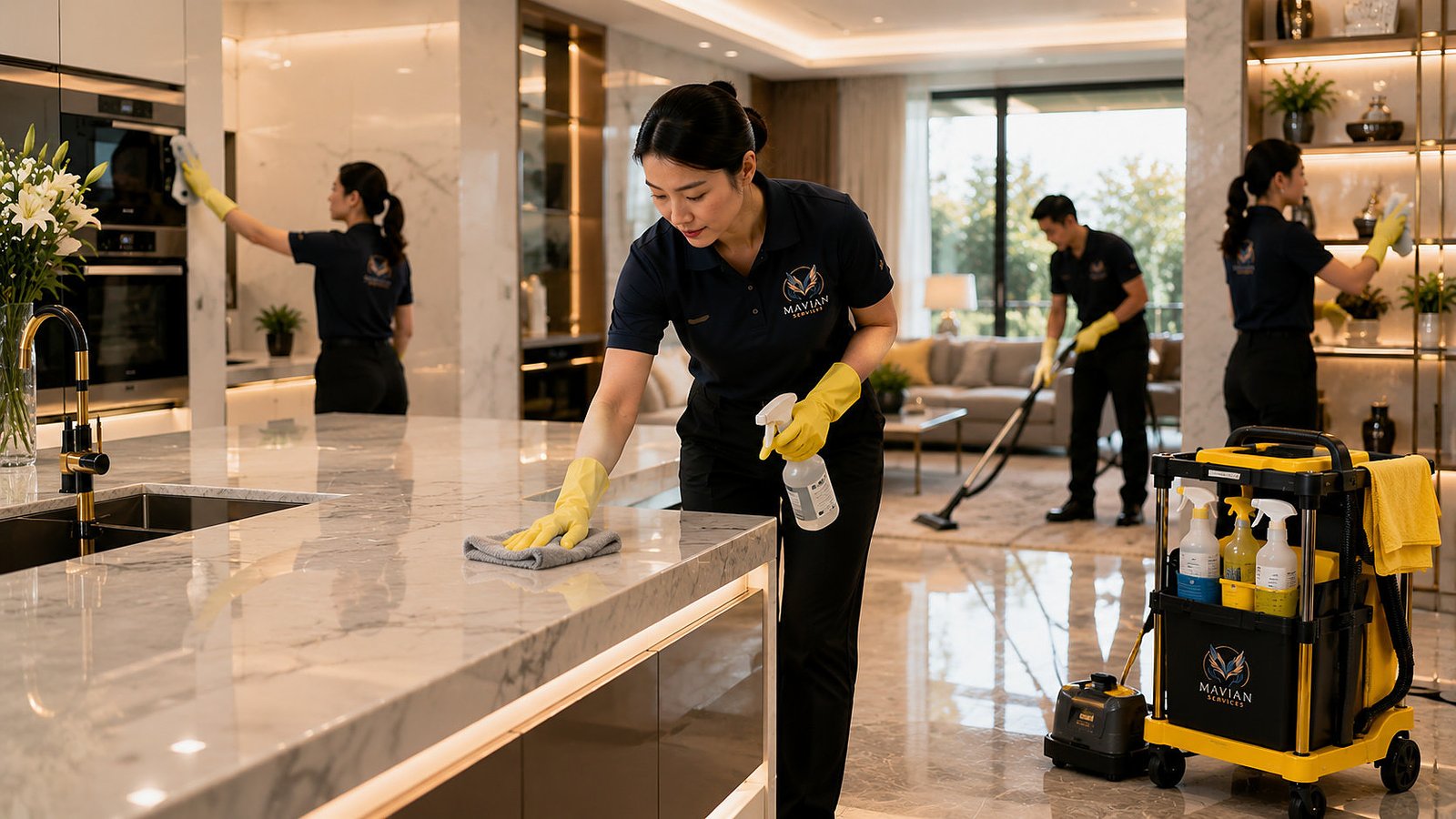 Mavian cleaner mopping a lobby floor